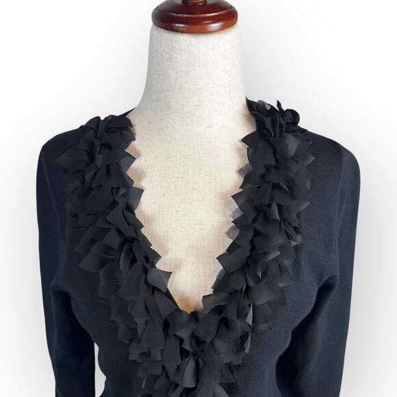 Black Button Down V-Neck Cardigan with Ruffles Small - Picture 3 of 7